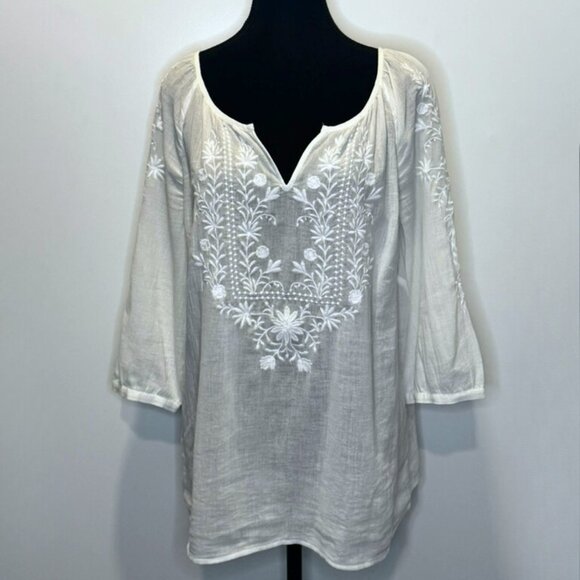 Talbots Tops - Talbots White Embroidered V-Neck Blouse - Elegant & Versatile